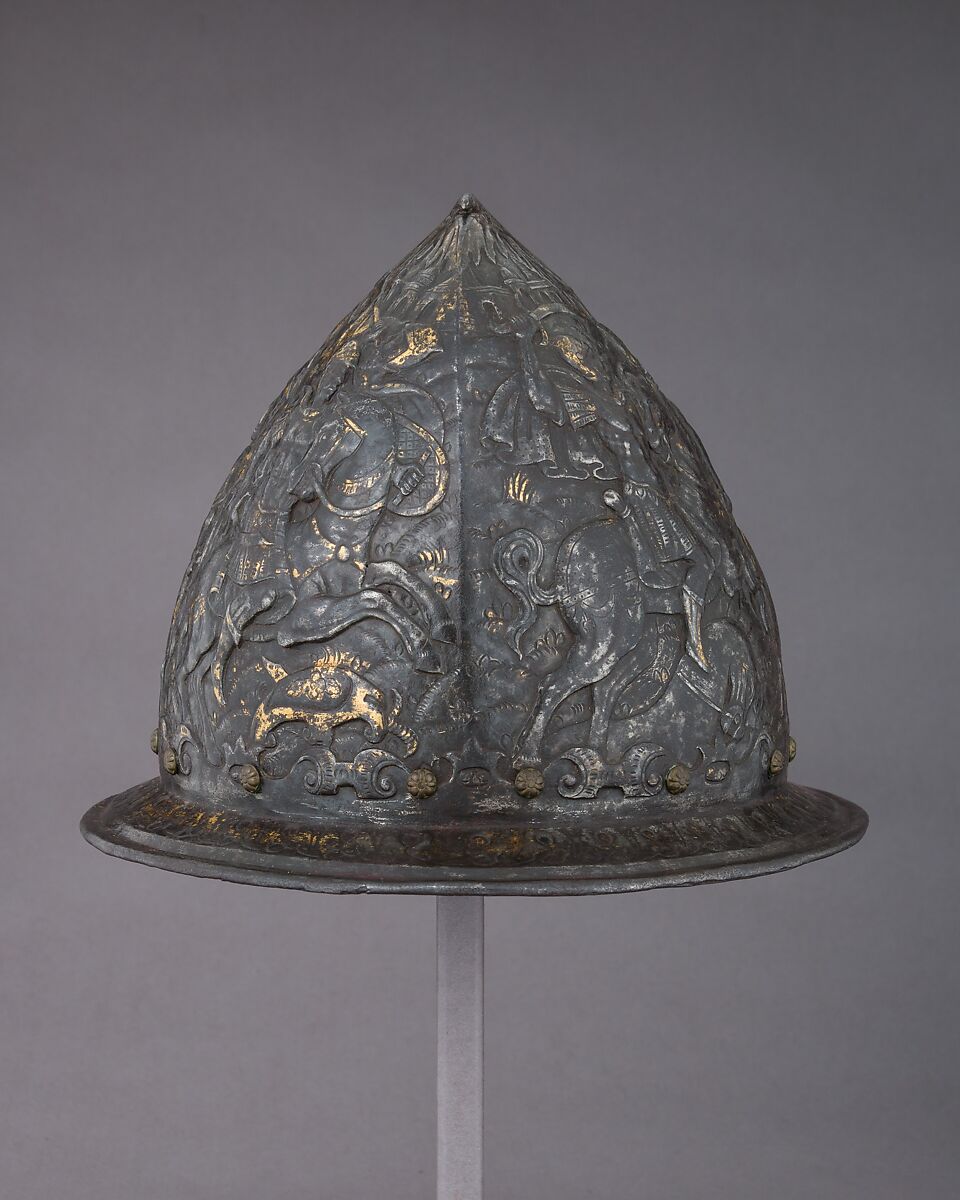 Cabasset, Steel, gold, brass, leather, velvet, Italian, Milan