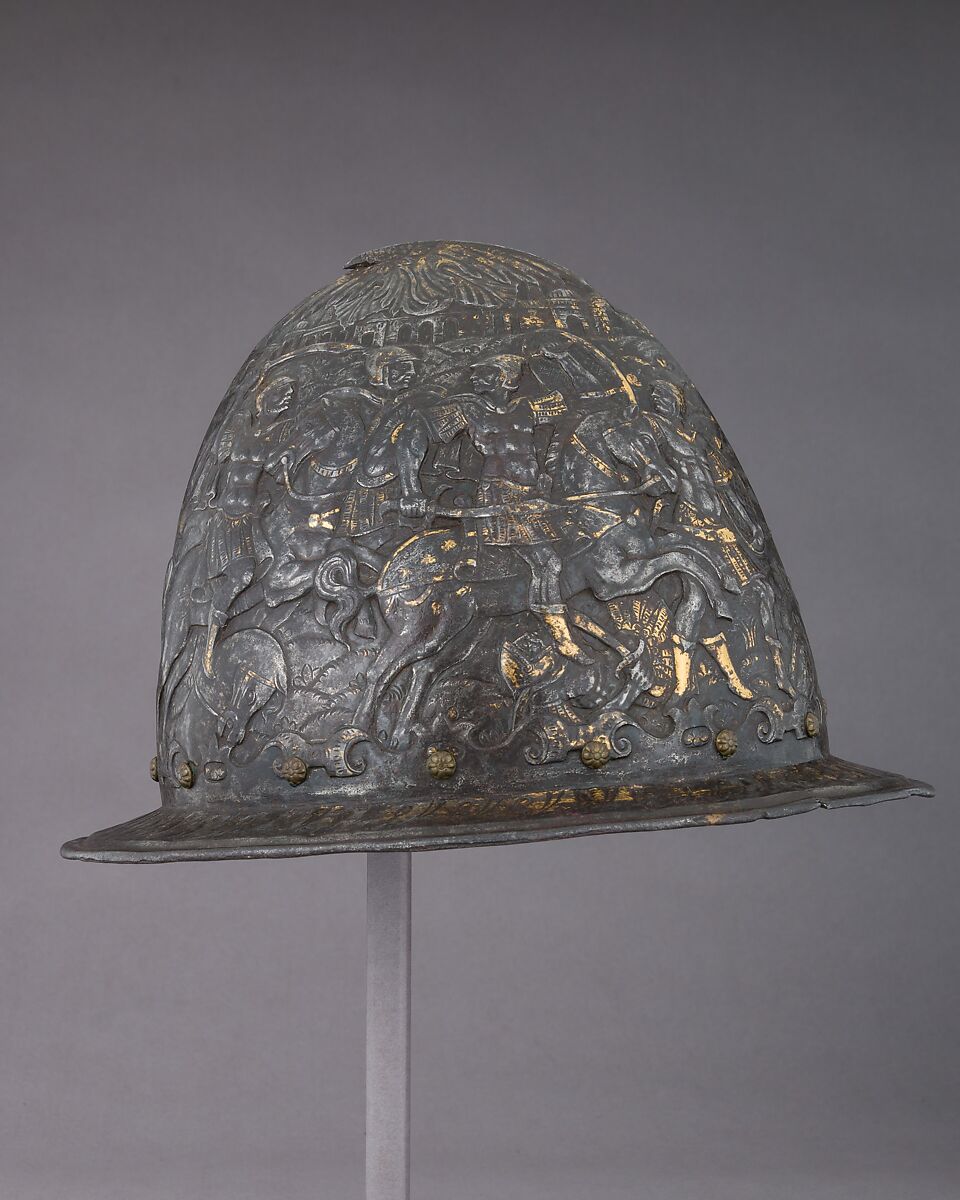 Cabasset, Steel, gold, brass, leather, velvet, Italian, Milan