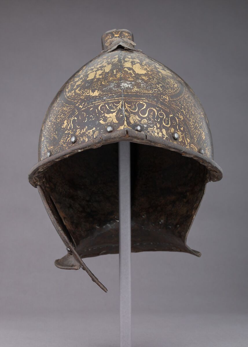 Burgonet, Steel, gold, silver, textile, Italian, Milan