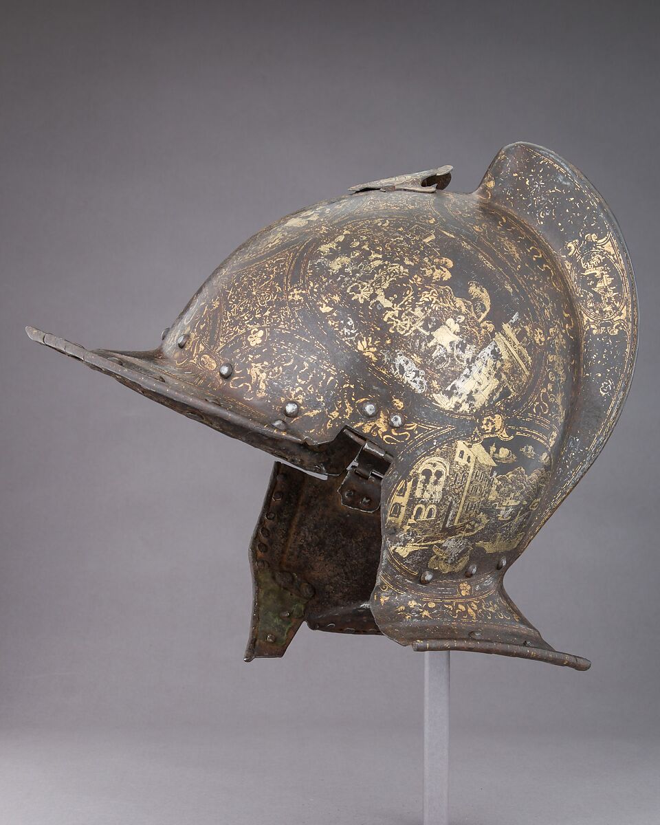 Burgonet, Steel, gold, silver, textile, Italian, Milan