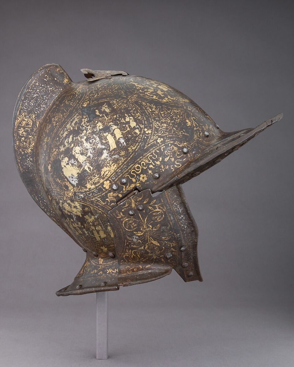 Burgonet, Steel, gold, silver, textile, Italian, Milan