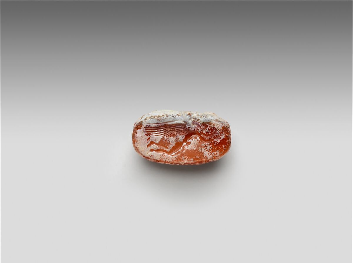 Carnelian scaraboid with back in form of lion, Carnelian, Greek