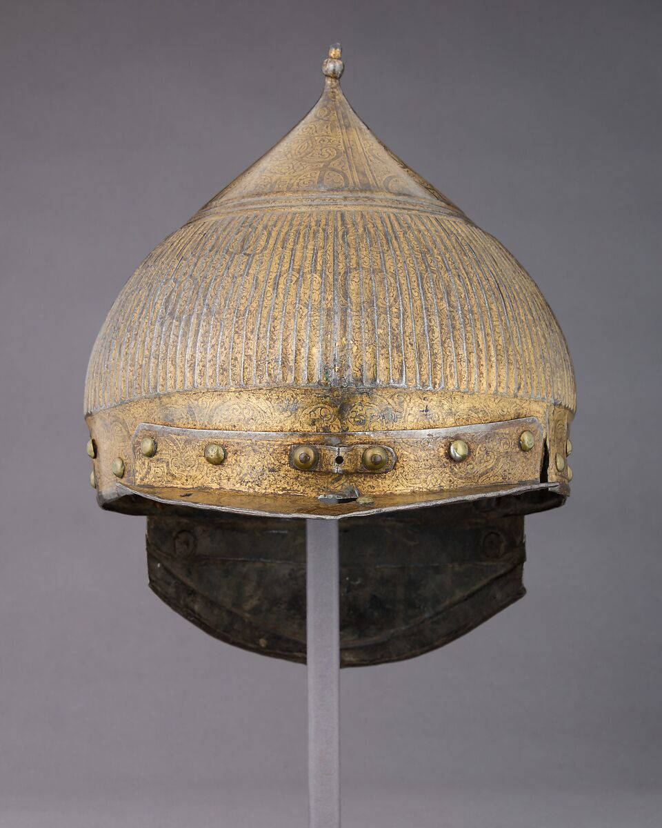 Burgonet in Oriental Fashion (Zischägge), Steel, gold, brass, German, probably Nuremberg