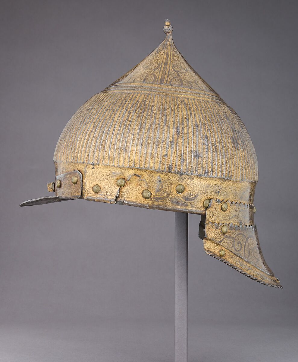Burgonet in Oriental Fashion (Zischägge), Steel, gold, brass, German, probably Nuremberg