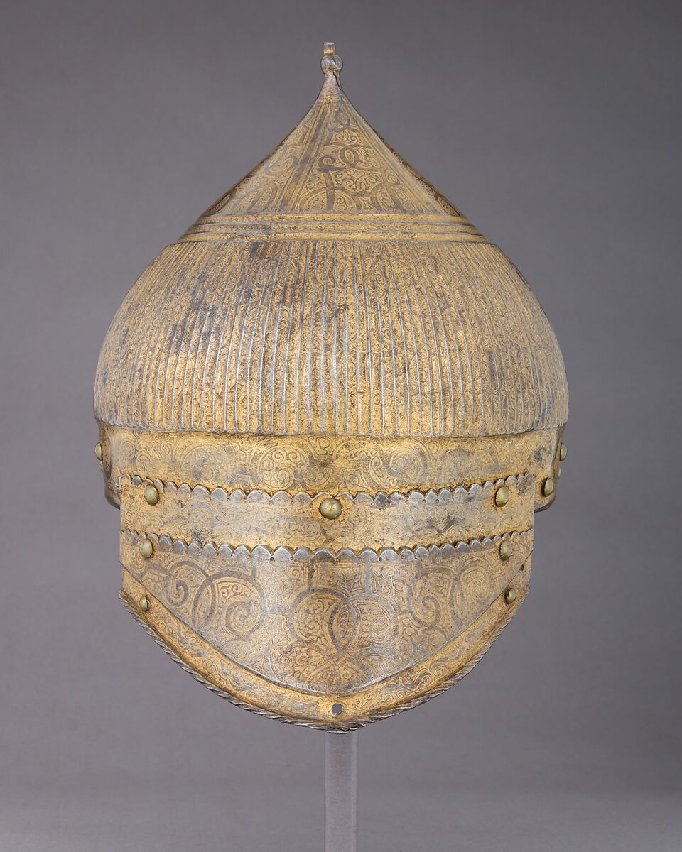 Burgonet in Oriental Fashion (Zischägge), Steel, gold, brass, German, probably Nuremberg