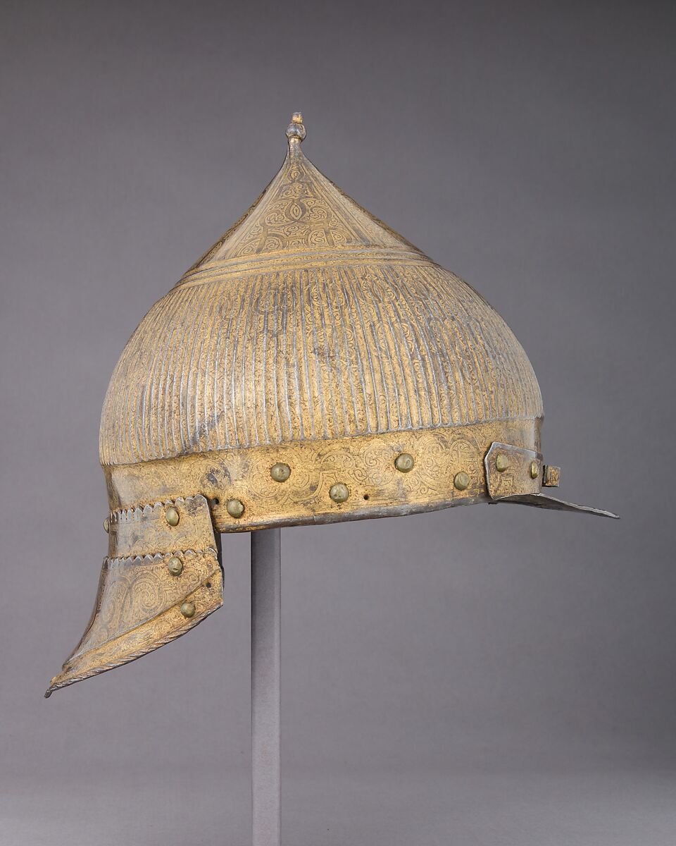 Burgonet in Oriental Fashion (Zischägge), Steel, gold, brass, German, probably Nuremberg