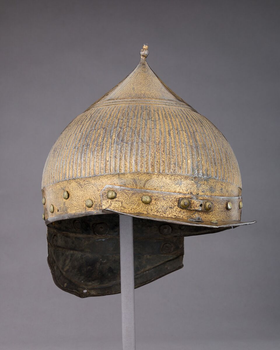 Burgonet in Oriental Fashion (Zischägge), Steel, gold, brass, German, probably Nuremberg