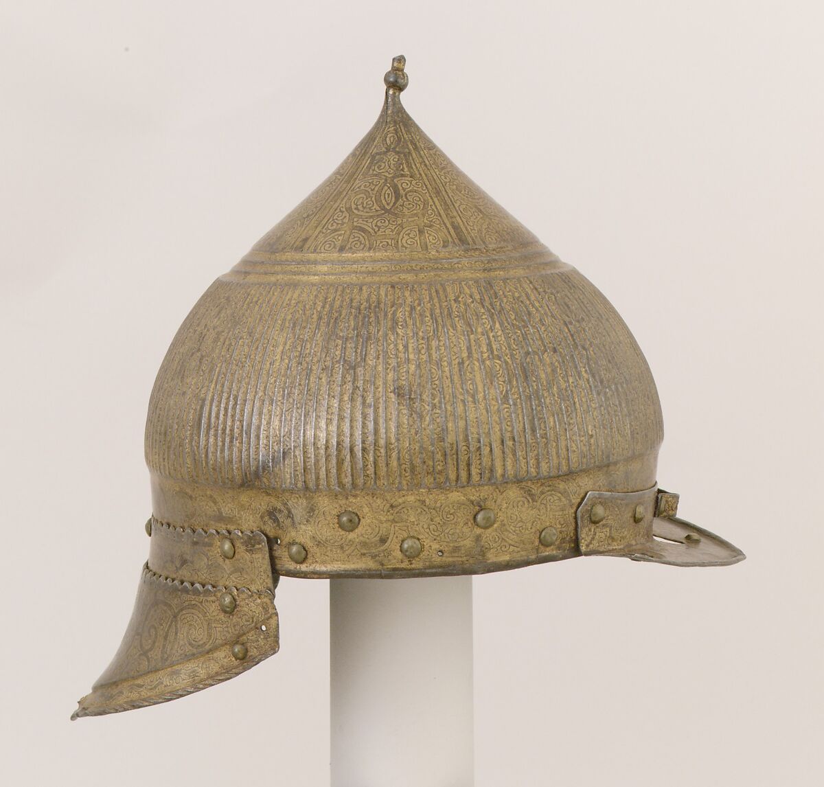 Burgonet in Oriental Fashion (Zischägge), Steel, gold, brass, German, probably Nuremberg 