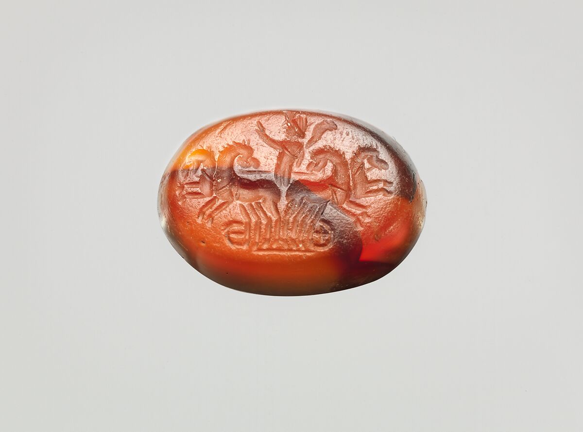 Carnelian intaglio: Sol in a quadriga (four-horse chariot), Carnelian, Roman 