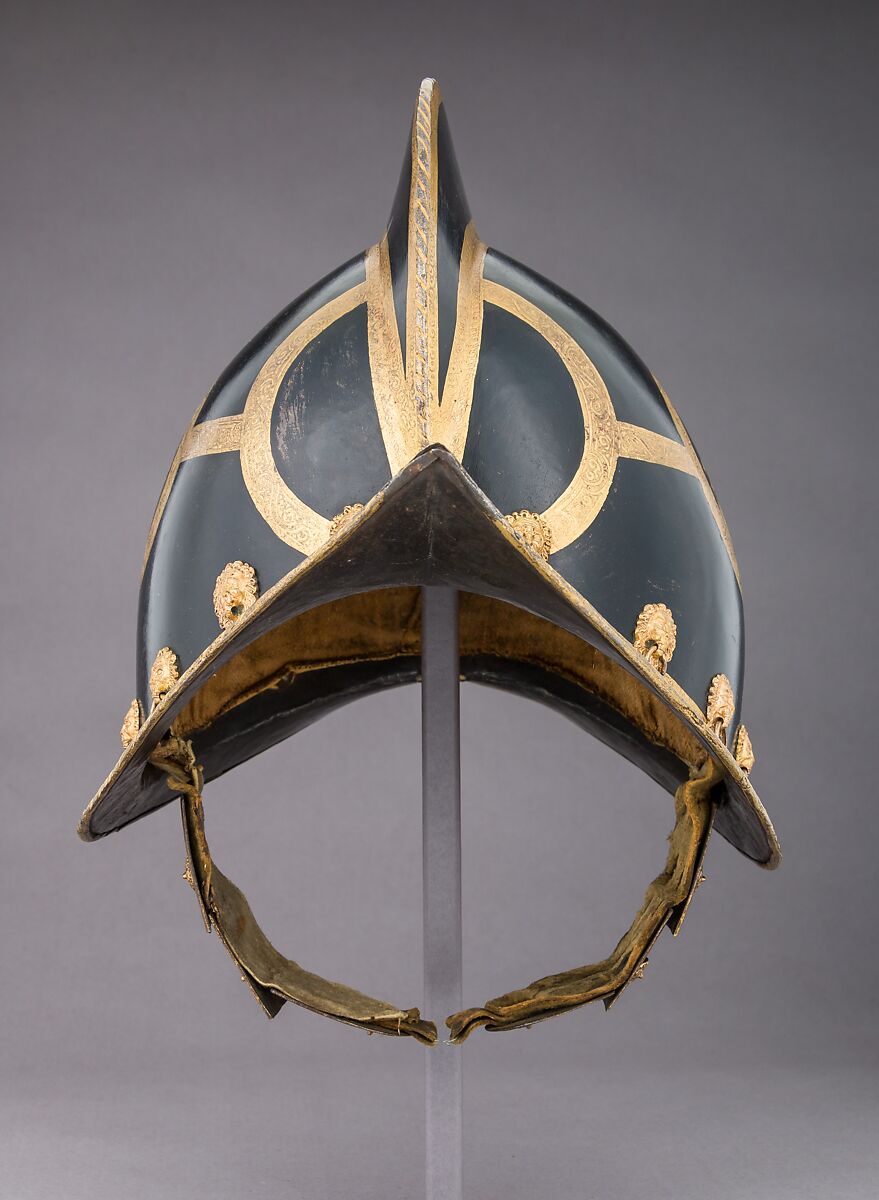 Morion, Steel, gold, pigment, brass, textile, German, Nuremberg