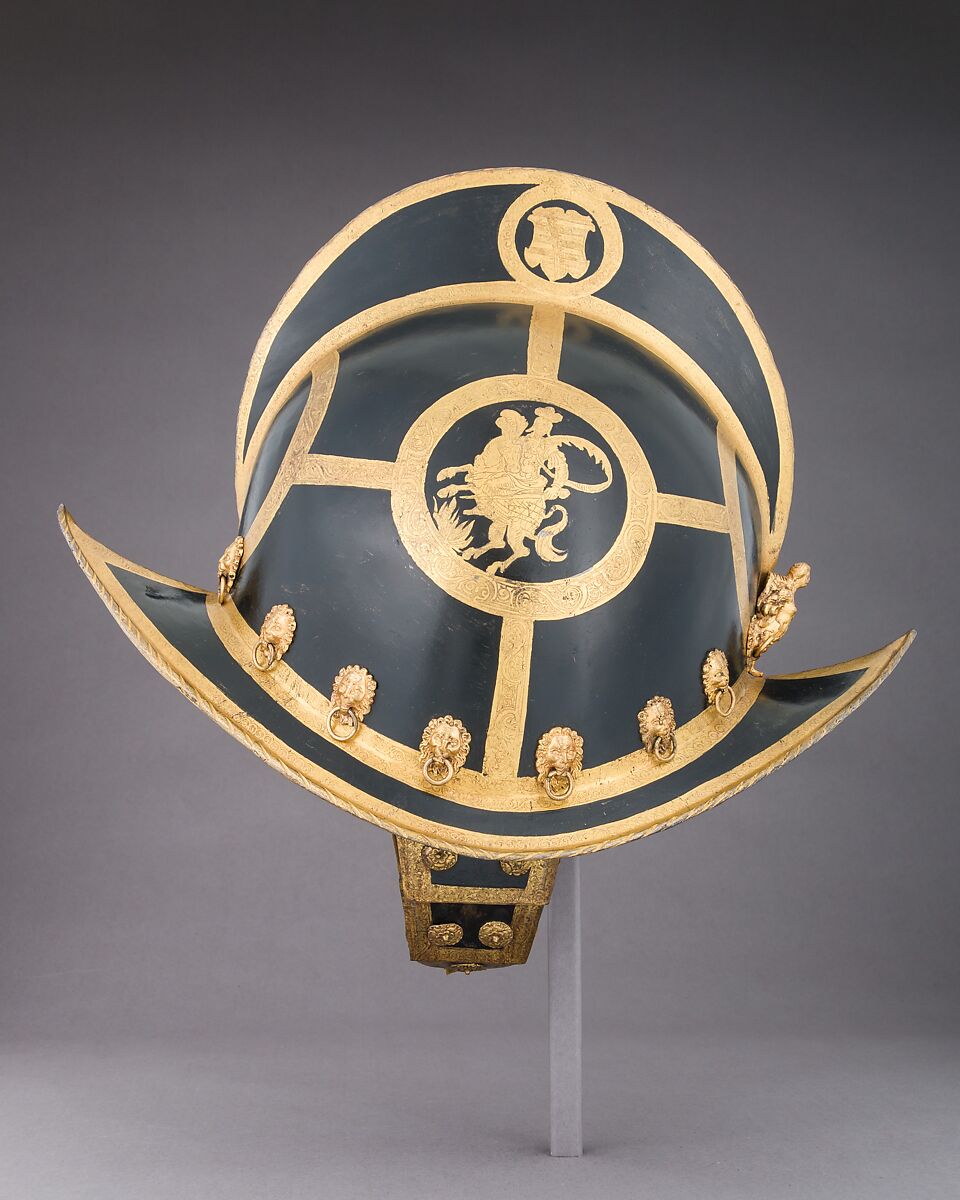 Morion, Steel, gold, pigment, brass, textile, German, Nuremberg
