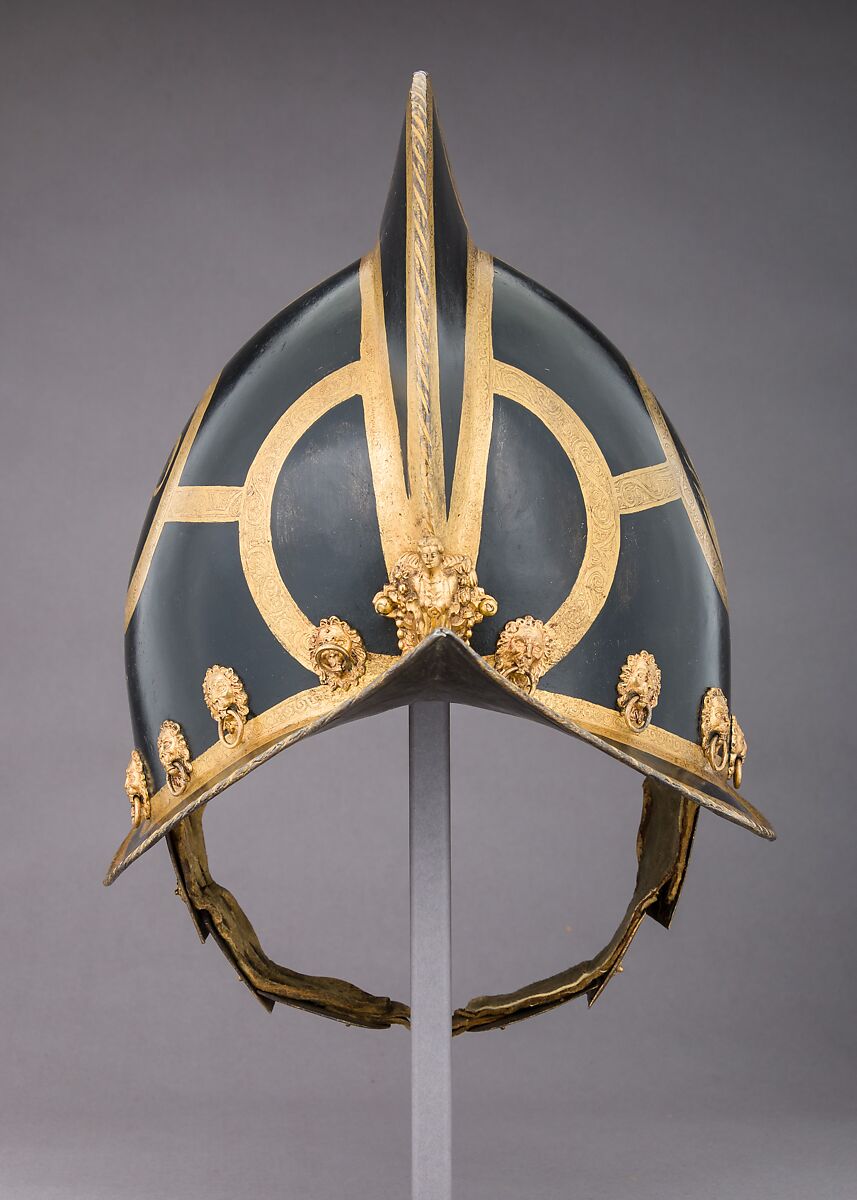 Morion, Steel, gold, pigment, brass, textile, German, Nuremberg