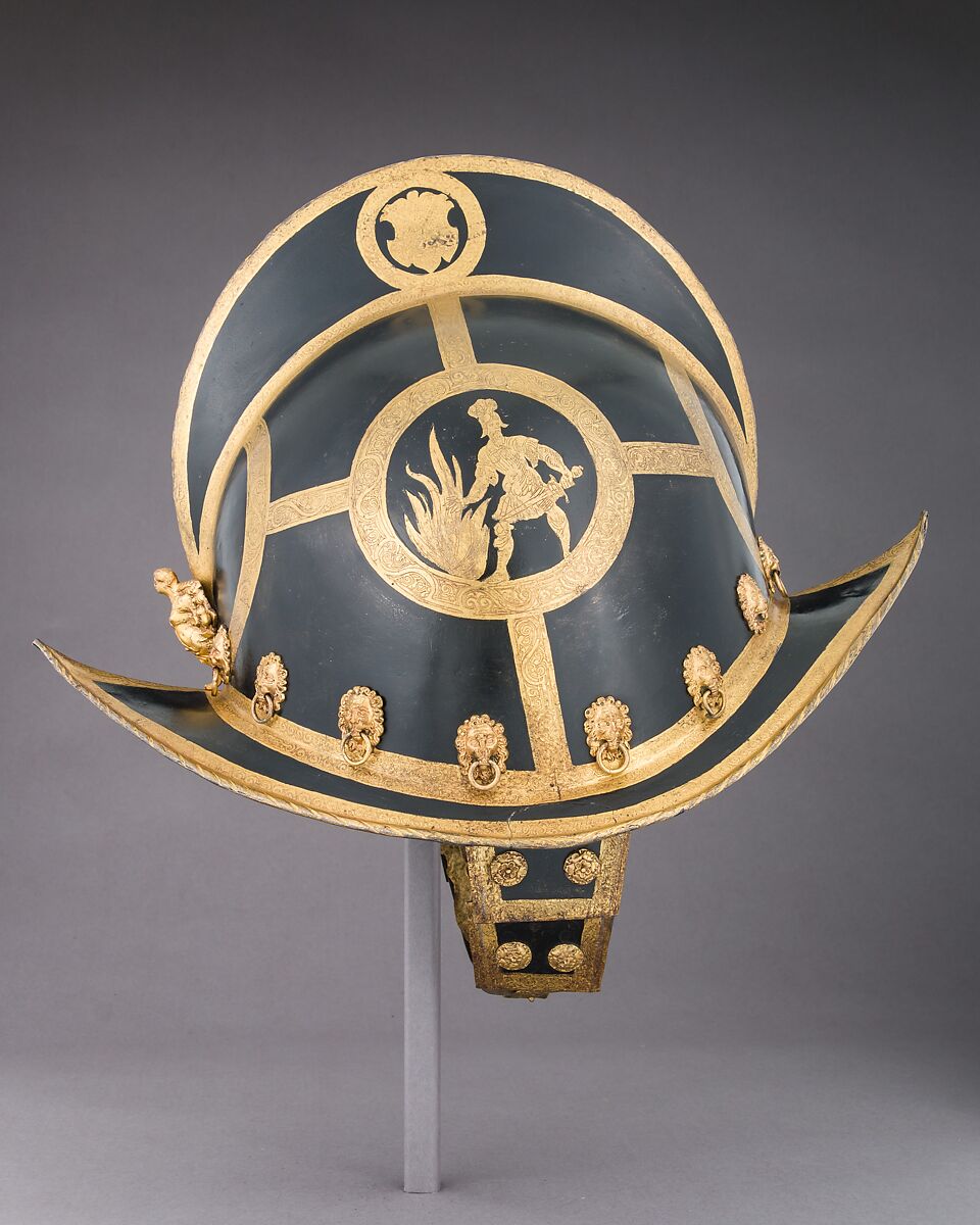 Morion, Steel, gold, pigment, brass, textile, German, Nuremberg