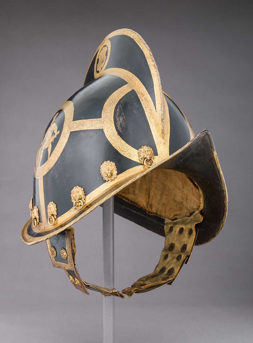 Morion, Steel, gold, pigment, brass, textile, German, Nuremberg 