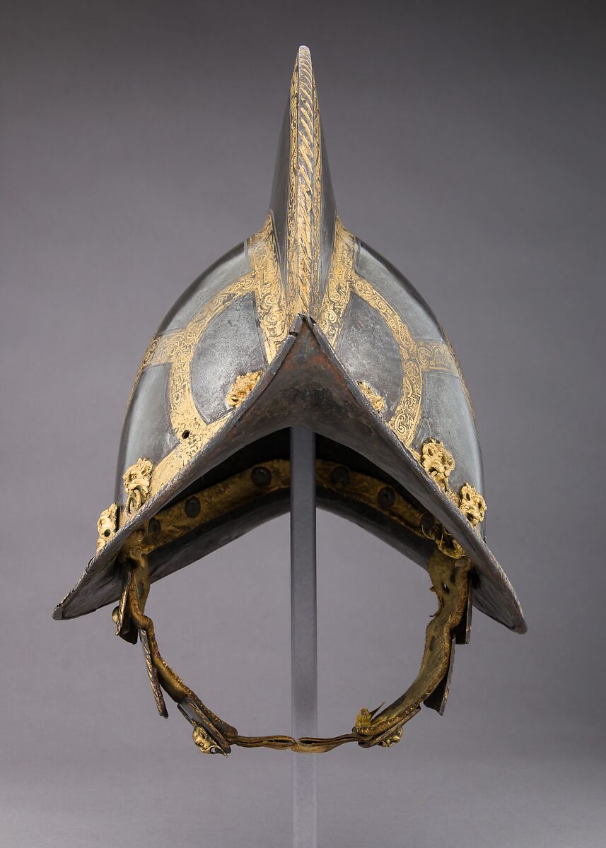 Morion for the Bodyguard of the Prince-Elector of Saxony, Steel, gold, brass, leather, textile, German, probably Nuremberg