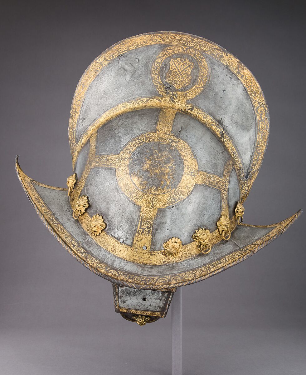 Morion for the Bodyguard of the Prince-Elector of Saxony, Steel, gold, brass, leather, textile, German, probably Nuremberg