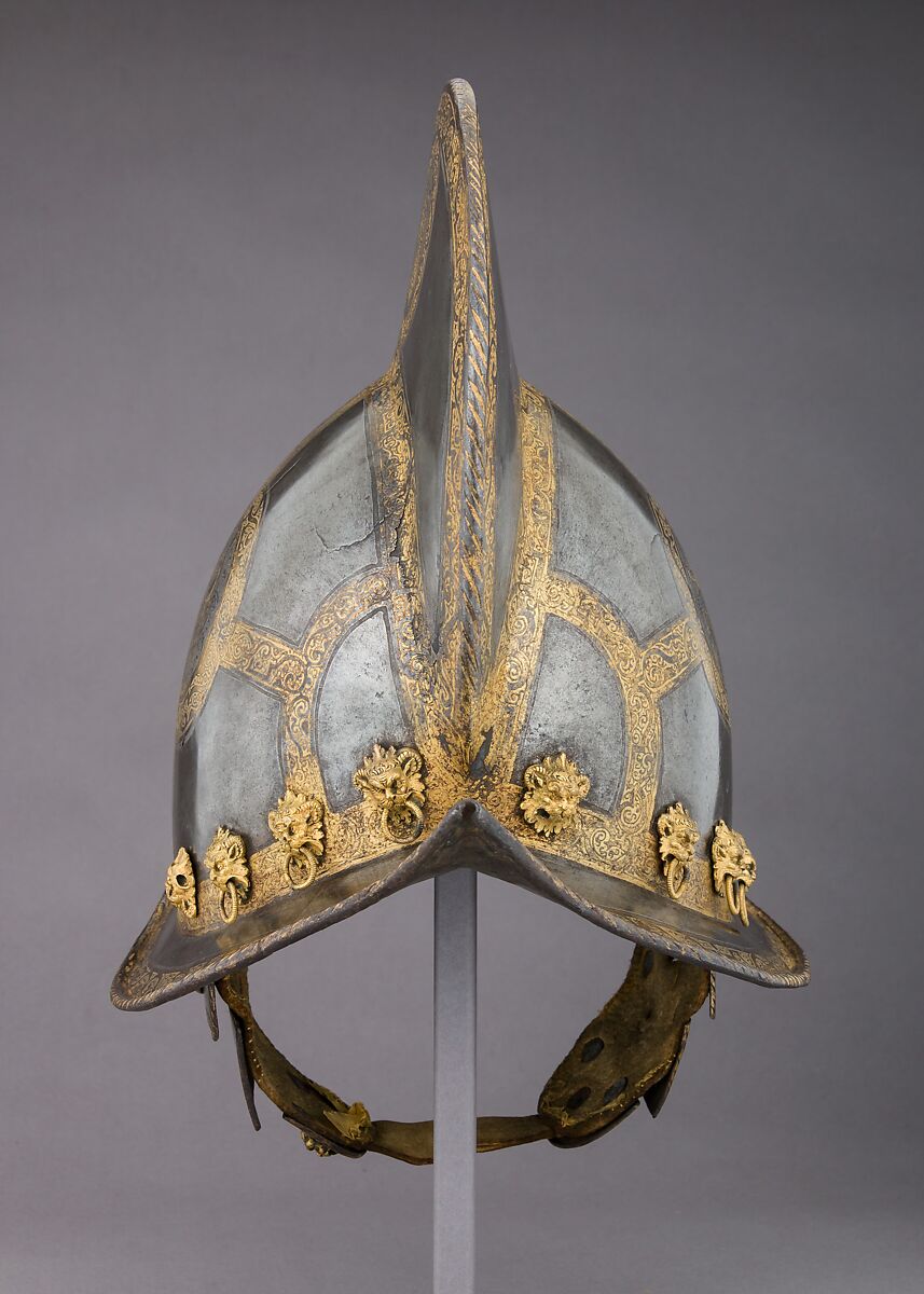 Morion for the Bodyguard of the Prince-Elector of Saxony, Steel, gold, brass, leather, textile, German, probably Nuremberg