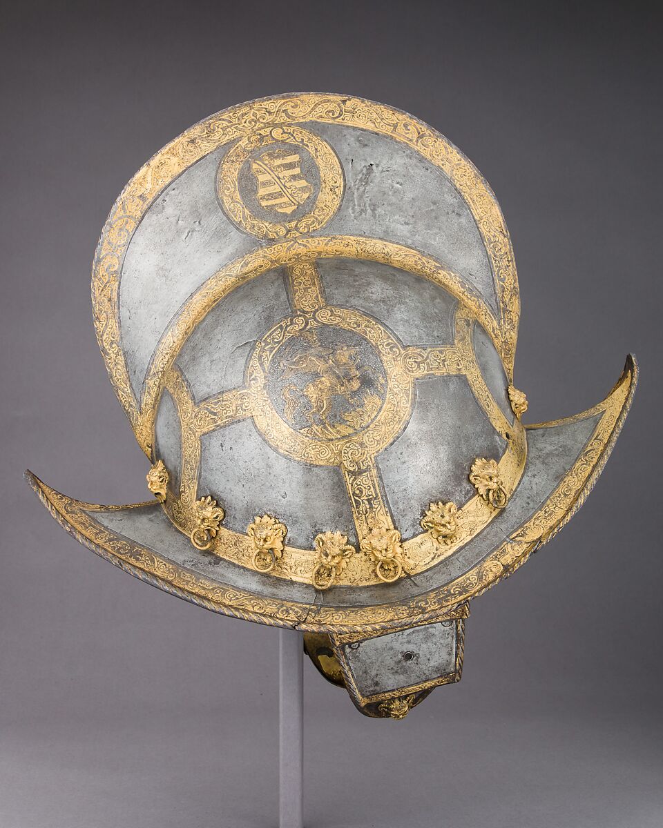 Morion for the Bodyguard of the Prince-Elector of Saxony, Steel, gold, brass, leather, textile, German, probably Nuremberg