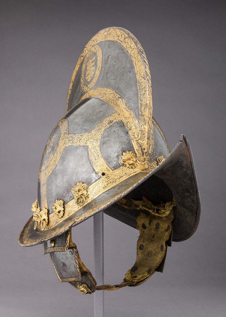 Morion for the Bodyguard of the Prince-Elector of Saxony, Steel, gold, brass, leather, textile, German, probably Nuremberg 