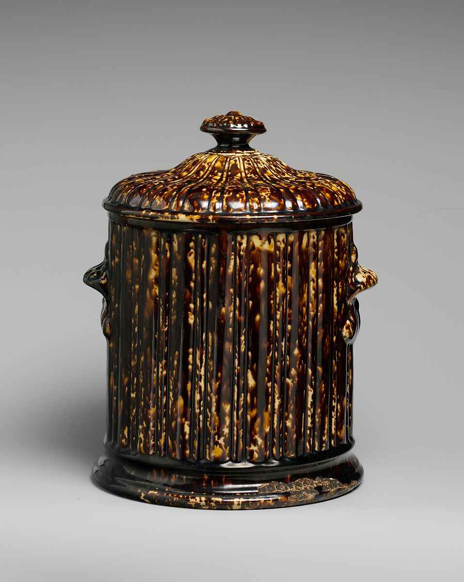 Covered Tobacco Jar, Lyman, Fenton &amp; Co. (1849–52), Mottled brown earthenware, American 