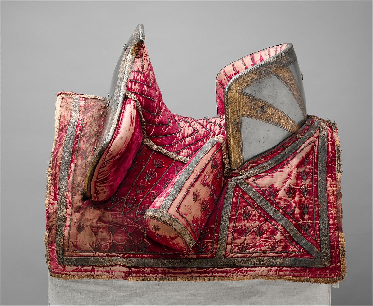 Saddle, Wood, textile, iron, linen, leather, steel, gold, silver, Italian, Milan