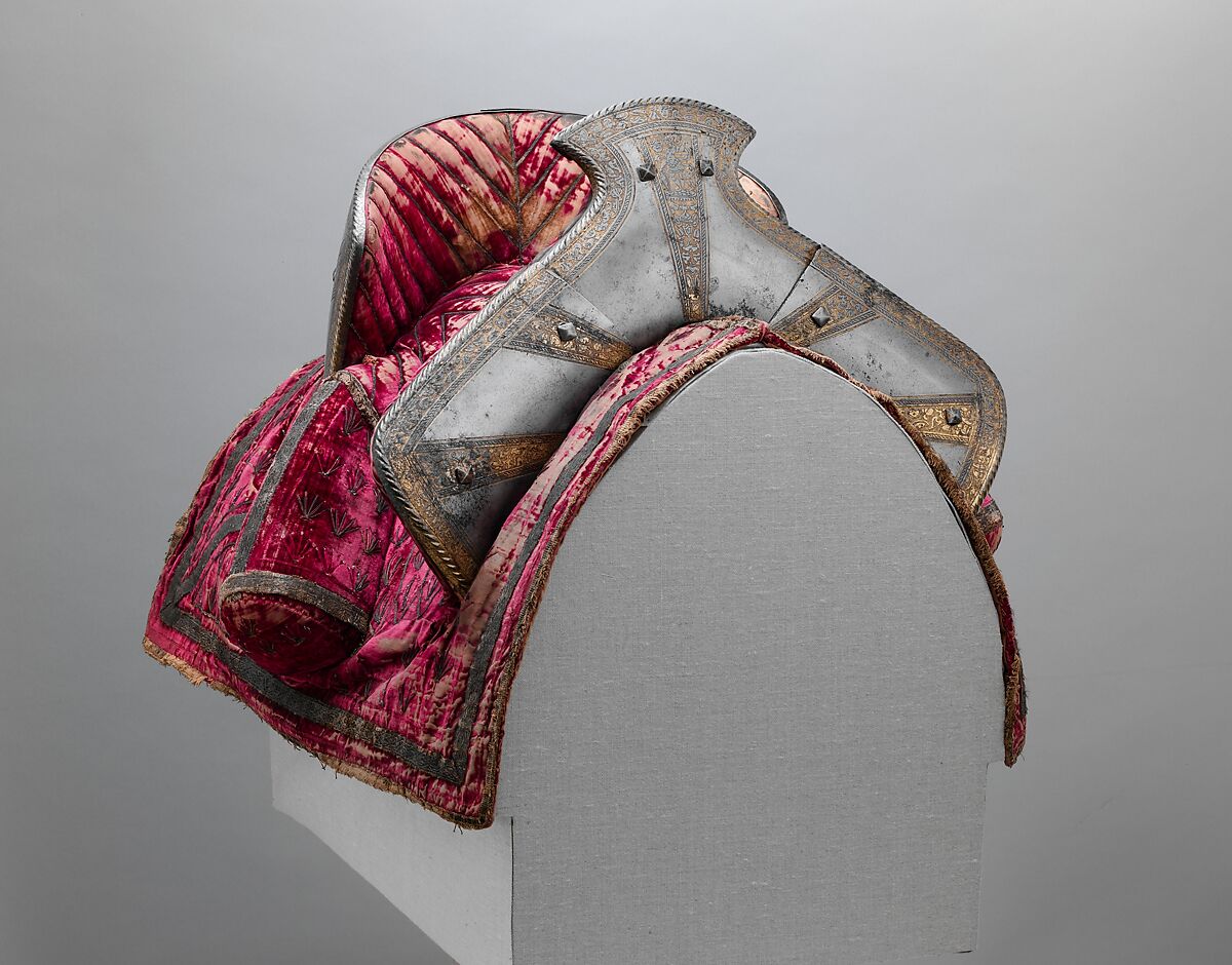 Saddle, Wood, textile, iron, linen, leather, steel, gold, silver, Italian, Milan