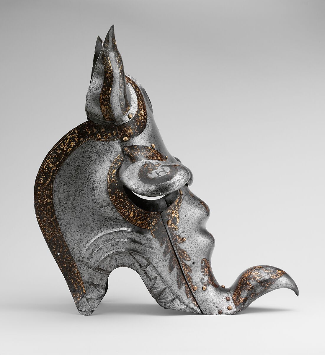 Shaffron (Horse's Head Defense) of Henry II of France, When Dauphin, Attributed to Romain des Ursins (Italian, Milan, recorded in Lyon 1493–95), Steel, gold, brass, Franco-Italian