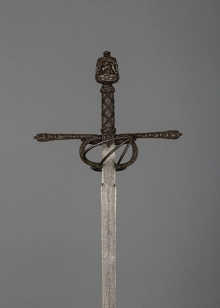 Sword with Calendar Blade, Steel, wood, iron, hilt, Italian; blade, German