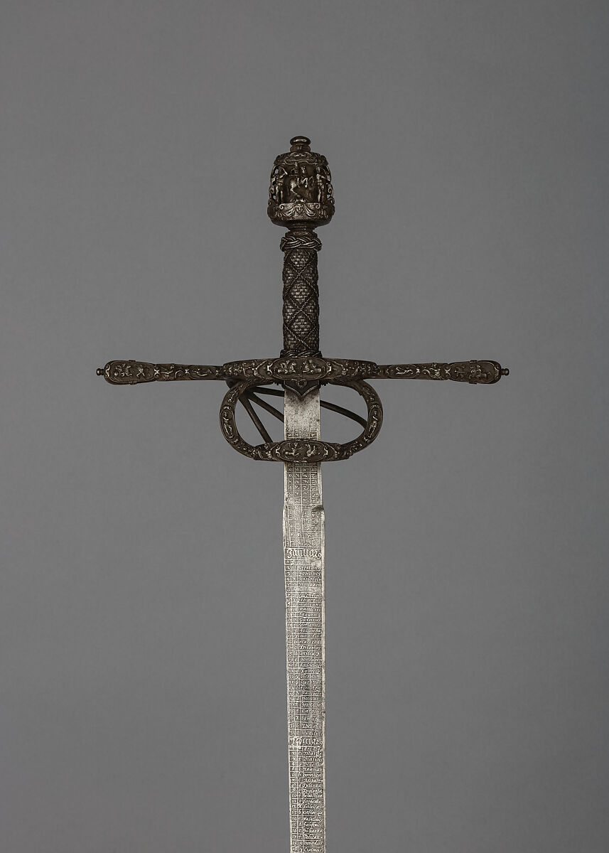 Sword with Calendar Blade, Steel, wood, iron, hilt, Italian; blade, German 