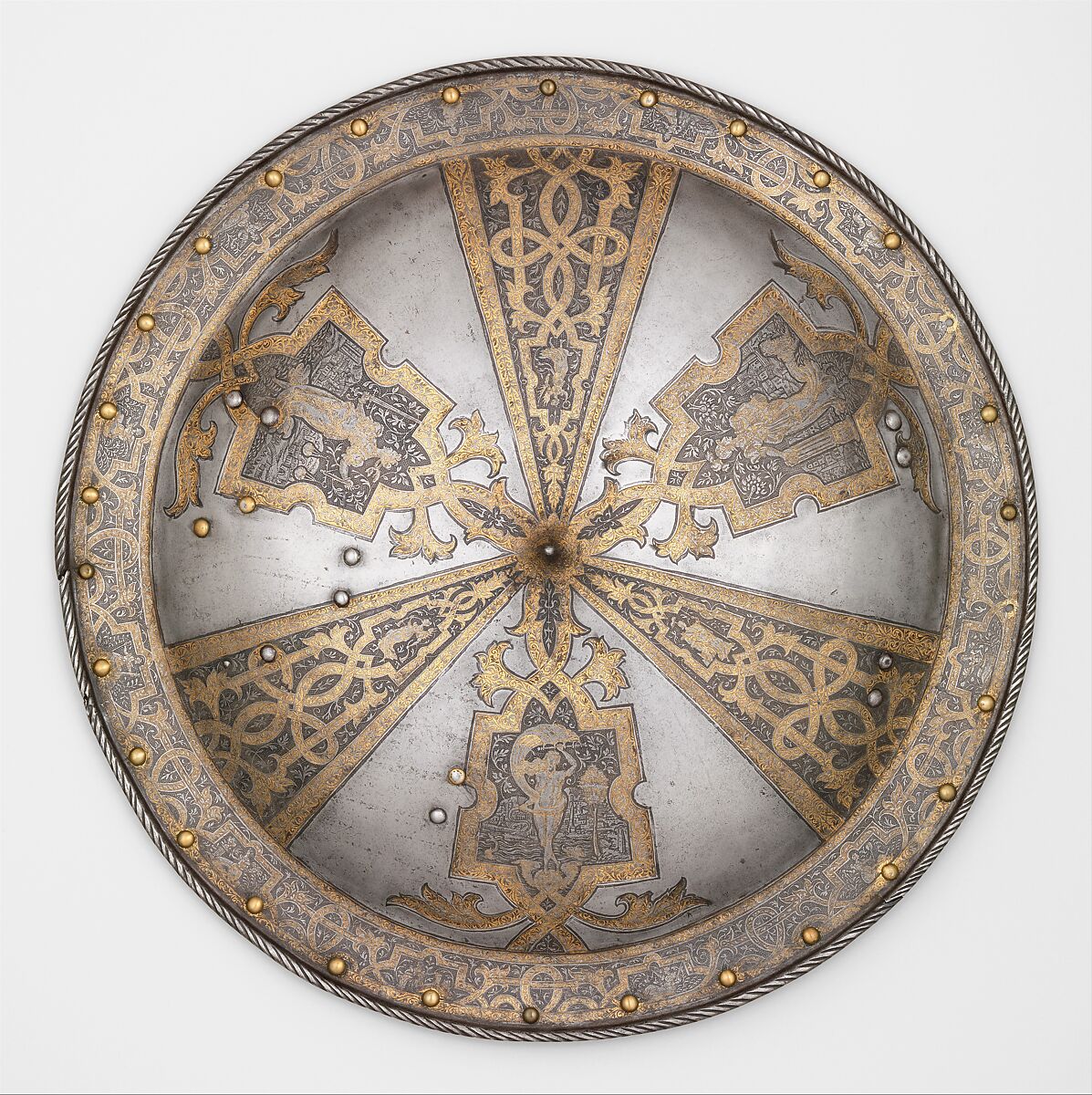 Shield of Sir John Smythe (1534–1607), Steel, gold, German, Augsburg 