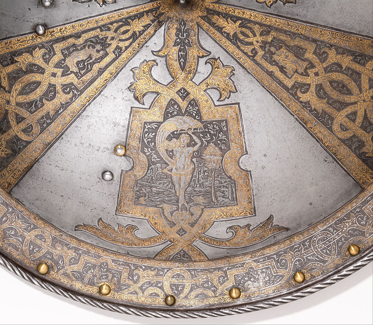 Shield of Sir John Smythe (1534–1607), Steel, gold, German, Augsburg