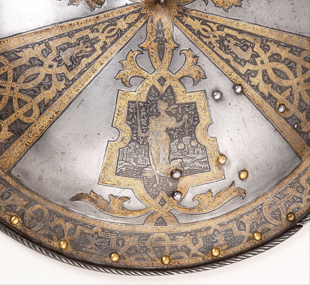 Shield of Sir John Smythe (1534–1607), Steel, gold, German, Augsburg