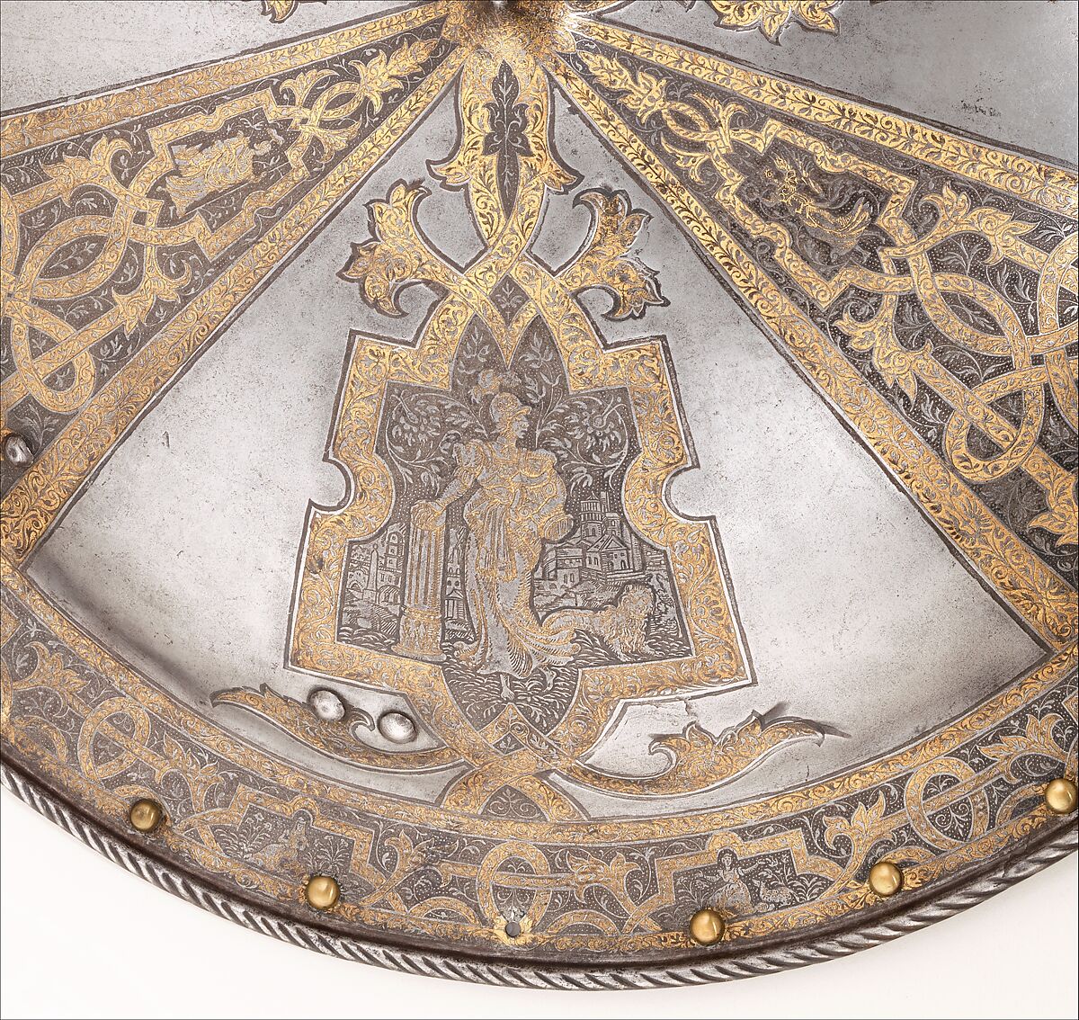 Shield of Sir John Smythe (1534–1607), Steel, gold, German, Augsburg