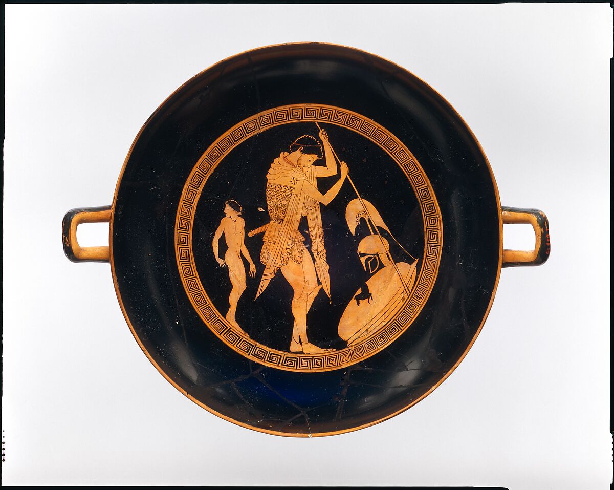 Terracotta kylix (drinking cup), Attributed to a painter of the Thorvaldsen Group, Terracotta, Greek, Attic 