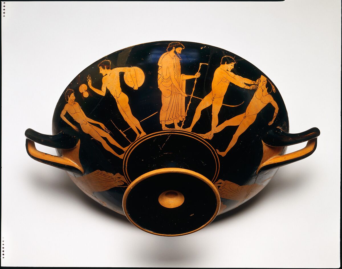 Terracotta kylix (drinking cup), Attributed to a painter of the Thorvaldsen Group, Terracotta, Greek, Attic