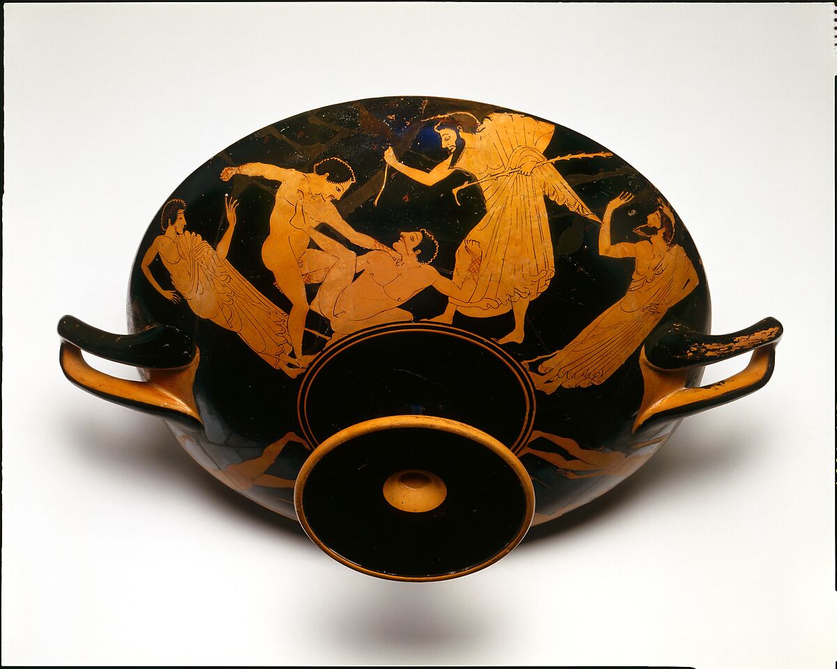 Terracotta kylix (drinking cup), Attributed to a painter of the Thorvaldsen Group, Terracotta, Greek, Attic