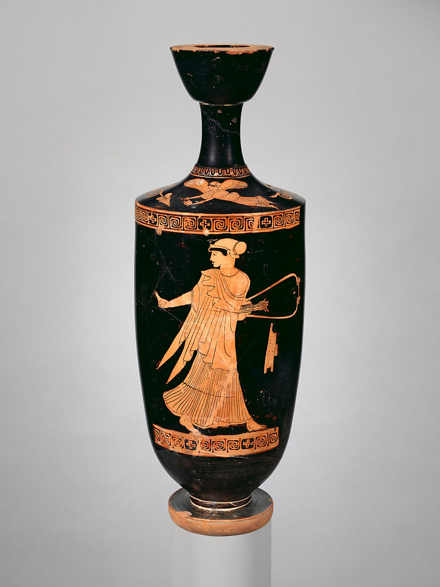 Terracotta lekythos (oil flask), Attributed to the manner of the Berlin Painter, Terracotta, Greek, Attic 