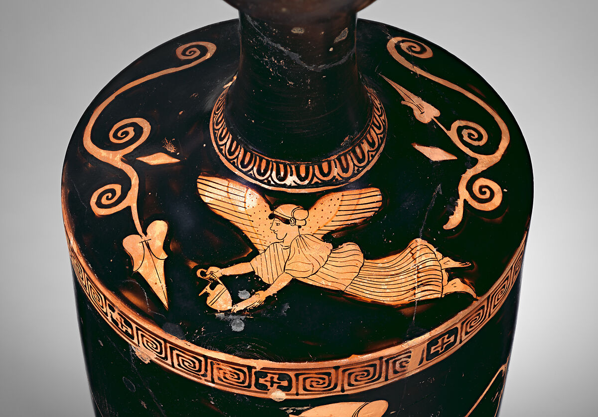 Terracotta lekythos (oil flask), Attributed to the manner of the Berlin Painter, Terracotta, Greek, Attic