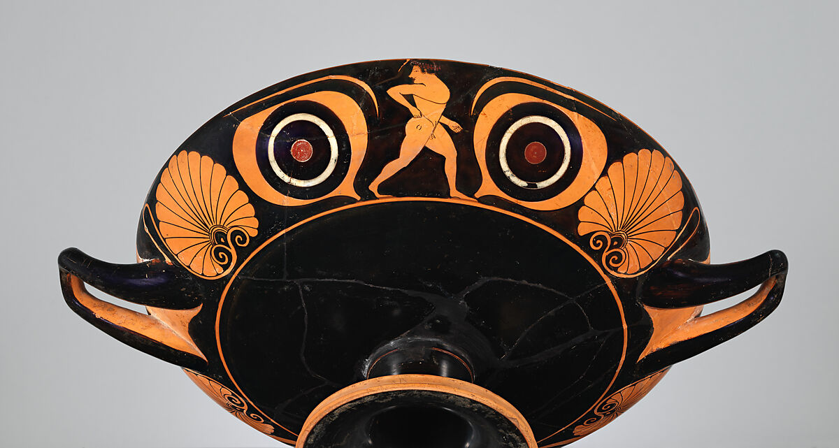 Terracotta kylix: eye-cup (drinking cup), Attributed to Pheidippos, Terracotta, Greek, Attic