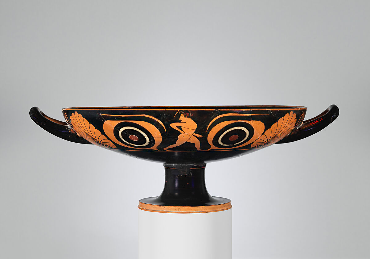 Terracotta kylix: eye-cup (drinking cup), Attributed to Pheidippos, Terracotta, Greek, Attic