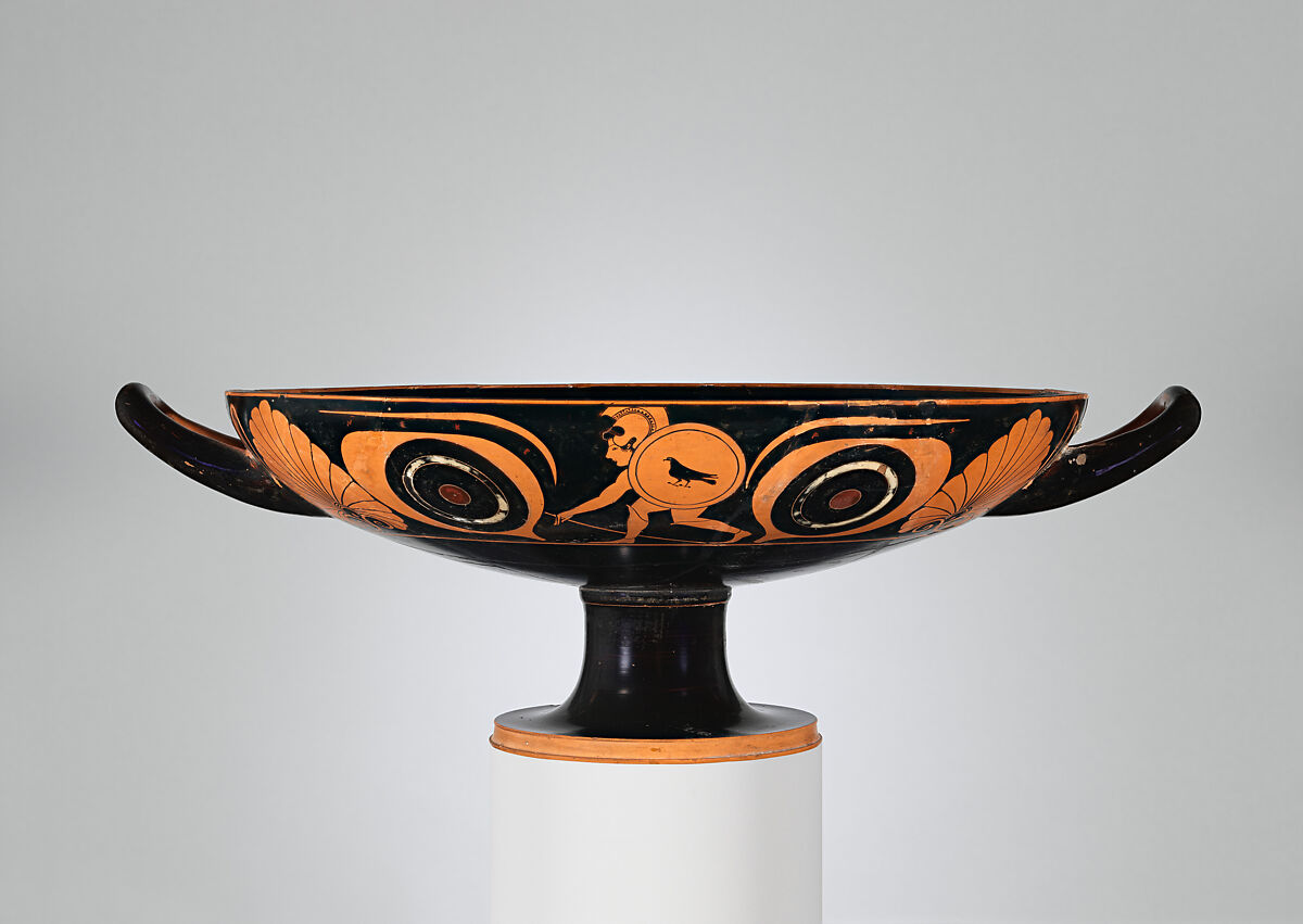 Terracotta kylix: eye-cup (drinking cup), Attributed to Pheidippos, Terracotta, Greek, Attic 