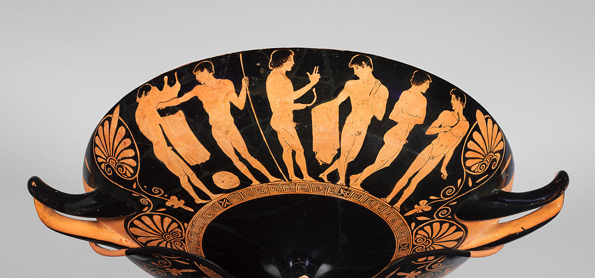 Terracotta kylix (drinking cup), Attributed to the Penthesilea Painter, Terracotta, Greek, Attic