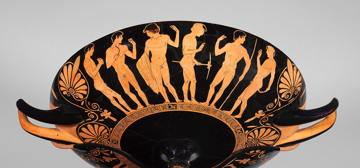 Terracotta kylix (drinking cup), Attributed to the Penthesilea Painter, Terracotta, Greek, Attic