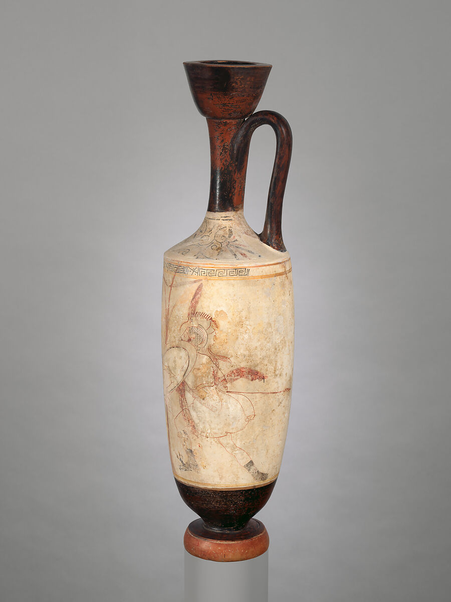 Terracotta lekythos (oil flask), Attributed to a painter of Group R, Terracotta, Greek, Attic 