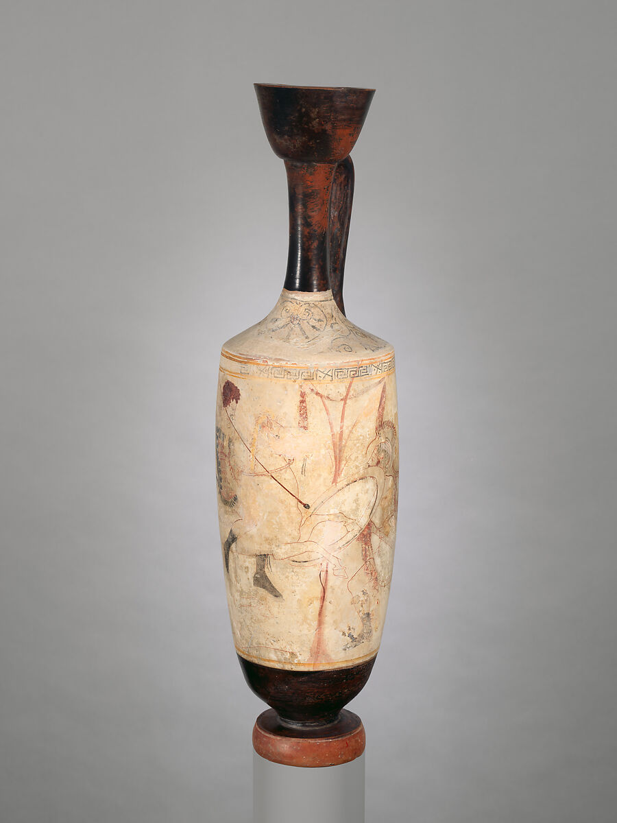 Terracotta lekythos (oil flask), Attributed to a painter of Group R, Terracotta, Greek, Attic