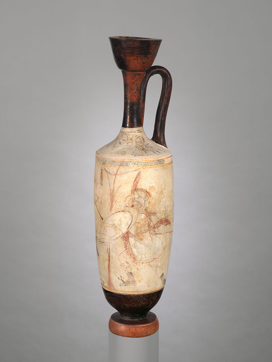 Terracotta lekythos (oil flask), Attributed to a painter of Group R, Terracotta, Greek, Attic