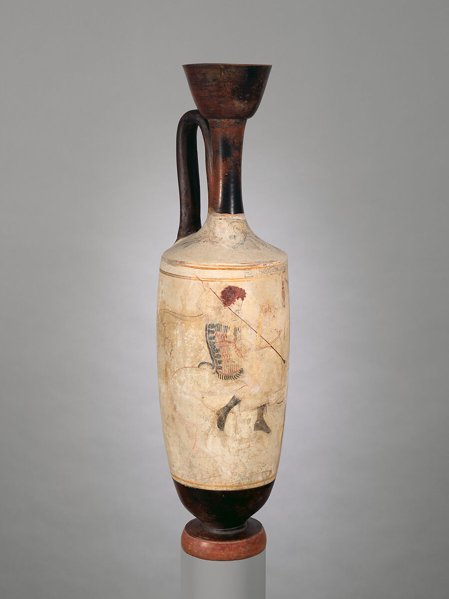 Terracotta lekythos (oil flask), Attributed to a painter of Group R, Terracotta, Greek, Attic