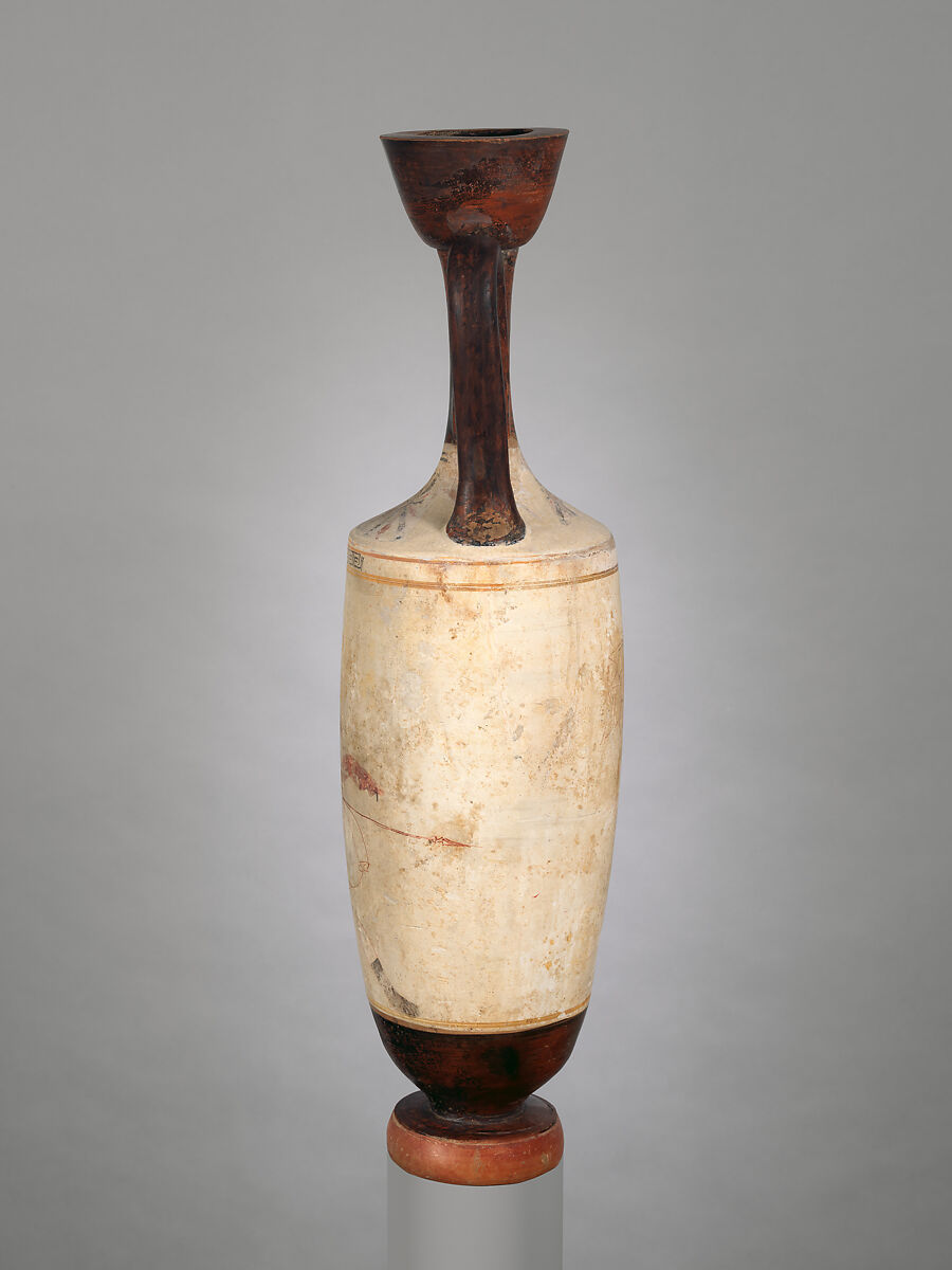 Terracotta lekythos (oil flask), Attributed to a painter of Group R, Terracotta, Greek, Attic