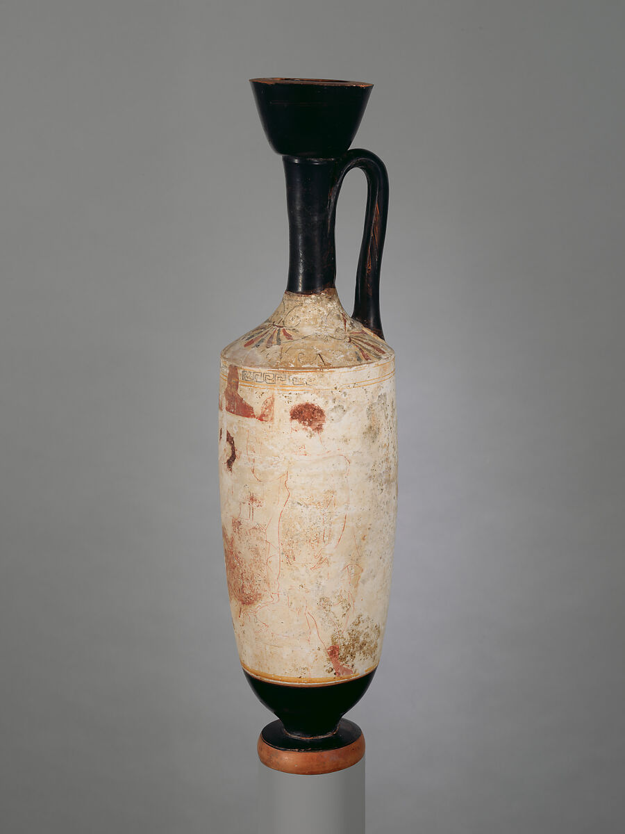 Terracotta lekythos (oil flask), Attributed to Group R, Terracotta, Greek, Attic