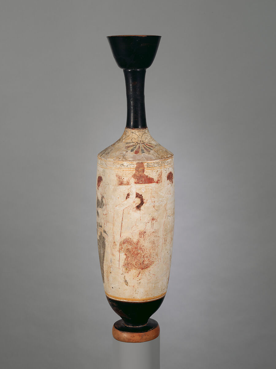 Terracotta lekythos (oil flask), Attributed to Group R, Terracotta, Greek, Attic